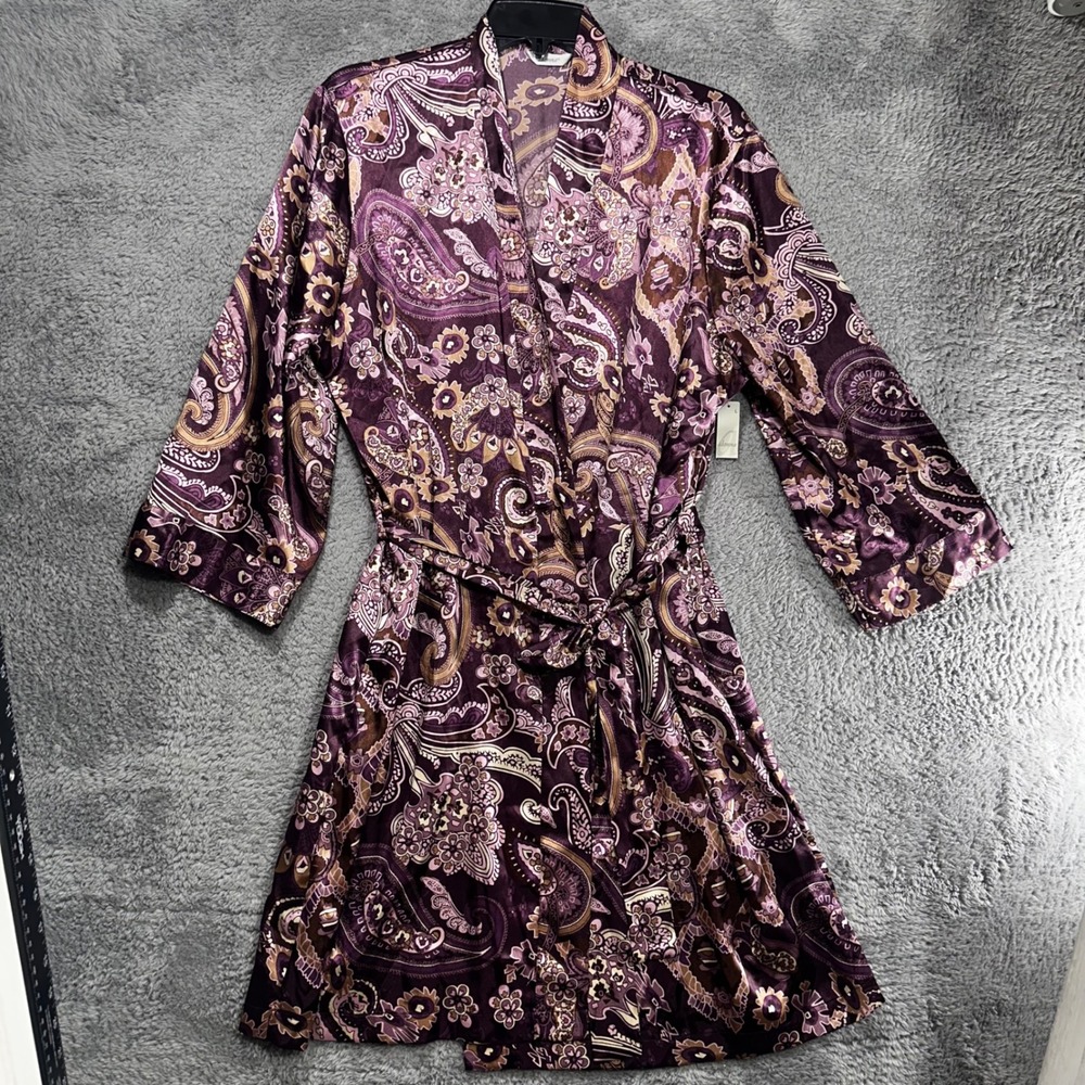 Adonna Robe‎ Womens Large Purple Paisley Satin Kimono Short Wrap Belted L/G